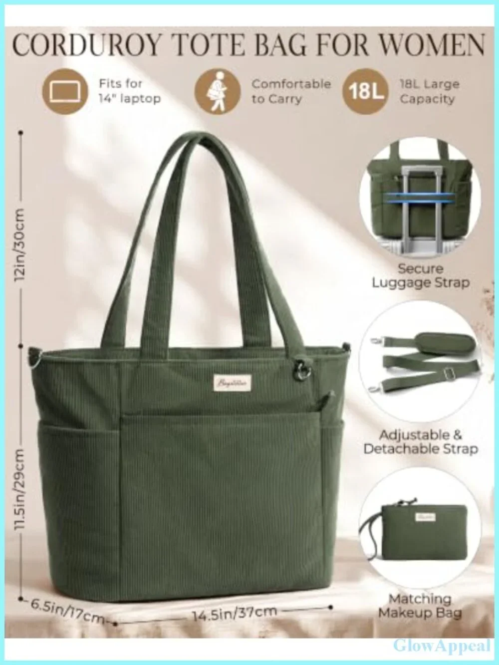 Corduroy Tote Bag for Women Teacher Nurse Work Laptop Purse with Bottle Holder